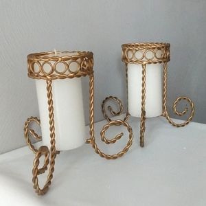 Goldtone Hollywood Regency twisted metal candleholders/ plant holders